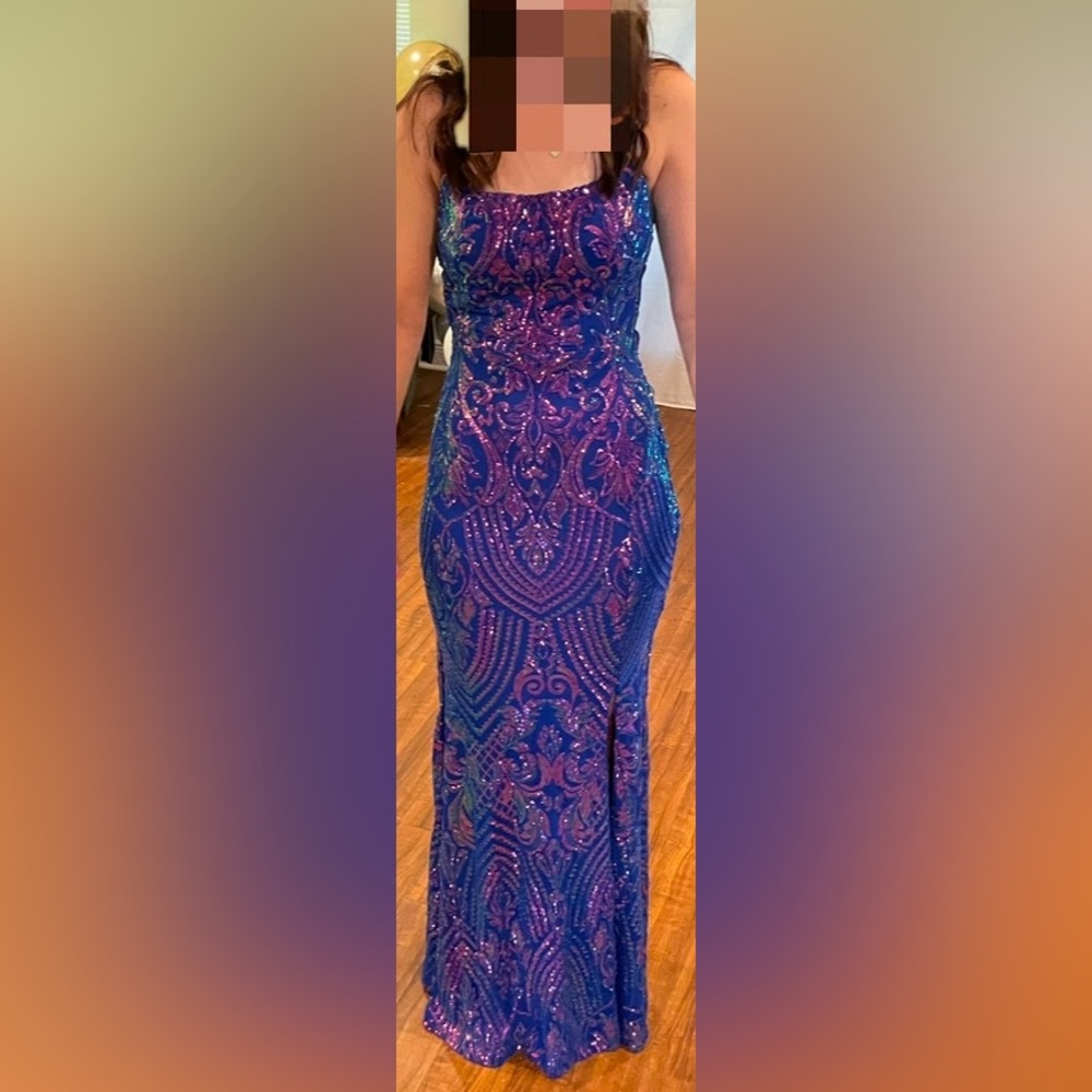 X-Small Royal Blue Long Sequin Spaghetti Strap Dress